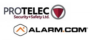 ProTELEC Security + Safety property protection services logo and Alarm.com alarm and surveillance products logo